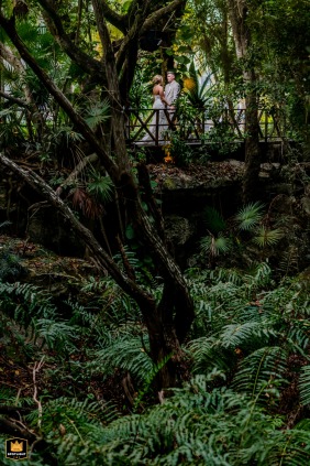 Portrait of the bride and groom nestled in lush green jungle foliage in Tulum.